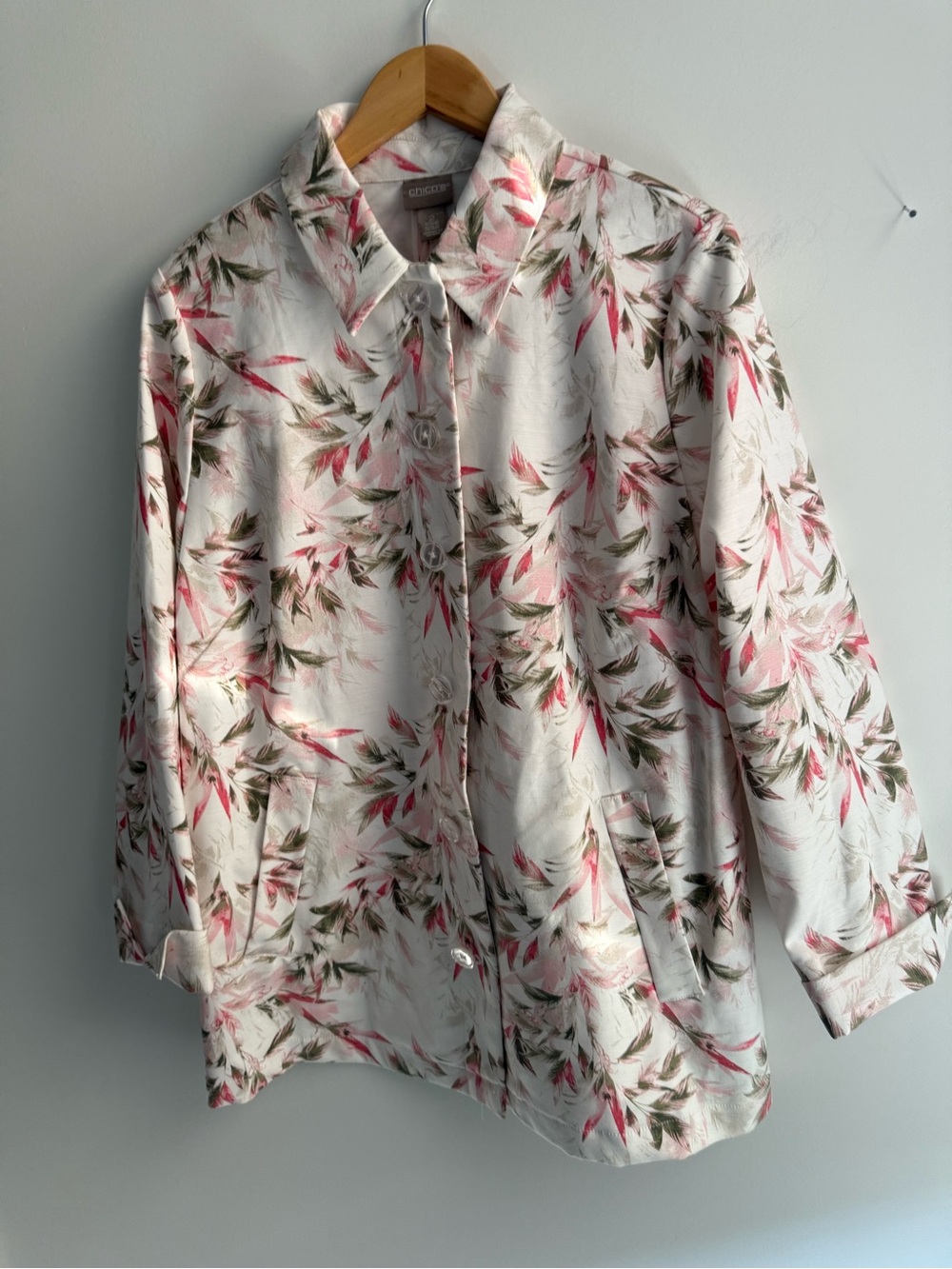 Chico's White Button-Up Shirt with Pink & Green Leaf Print